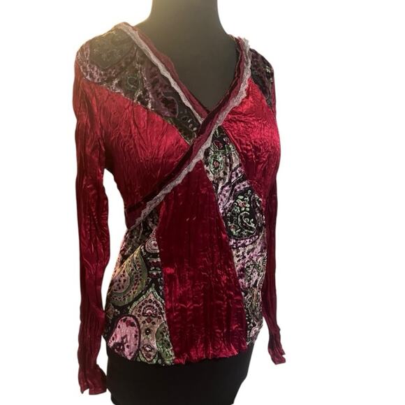 Y2K Velvet Burnout Satin V Neck Boho Top Womens S Dark Romantic Whimsigoth Fairy - Picture 1 of 6